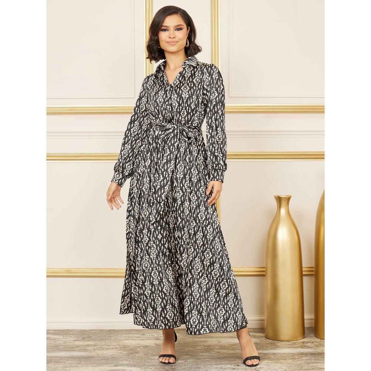 Styli Satin Bohemian Print Collared A-Line Maxi Dress-women-clothing-dresses-image-2