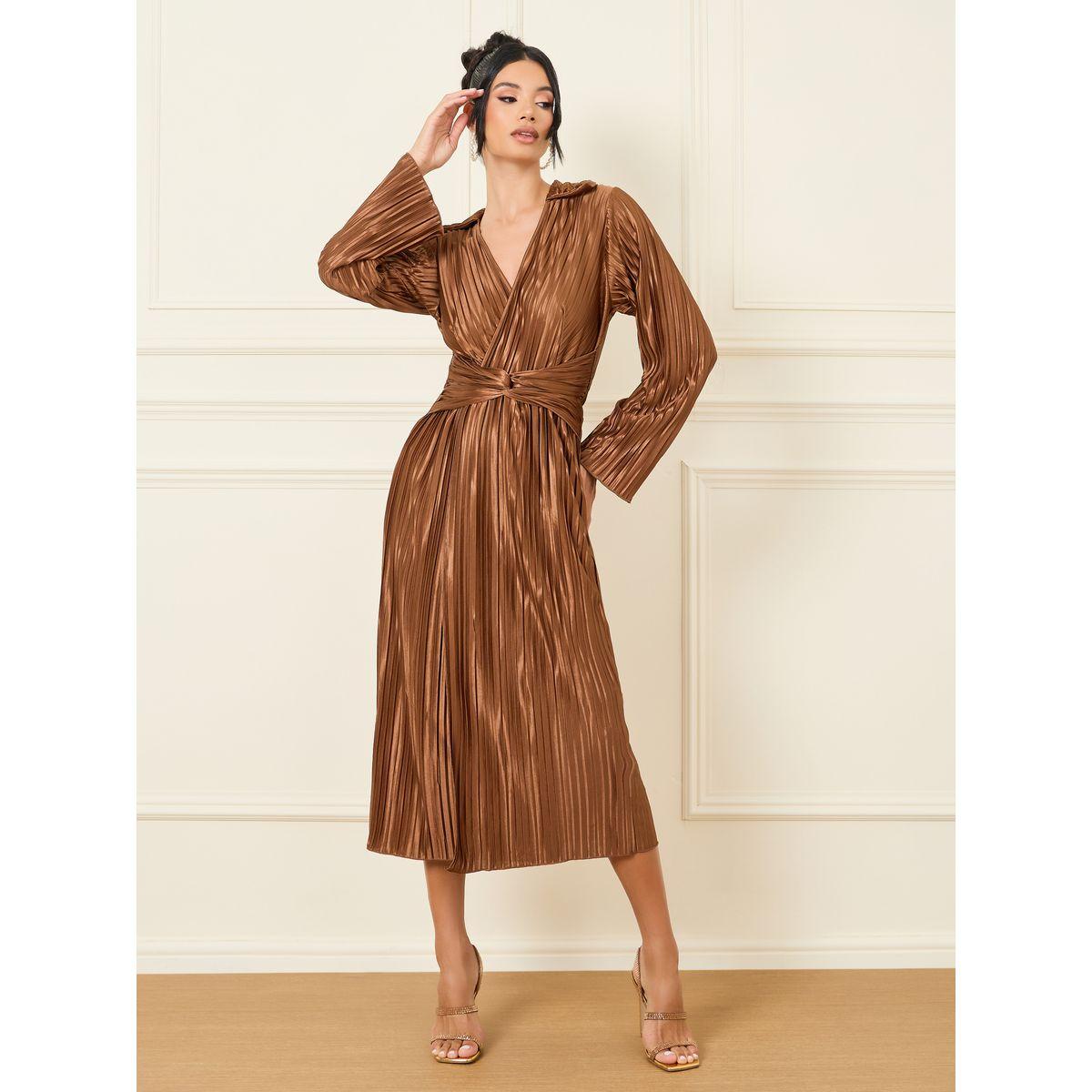 Styli Metallic Accordion Pleats Front Twist Detail Collared Sheath Midi Dress-women-clothing-dresses-image-1