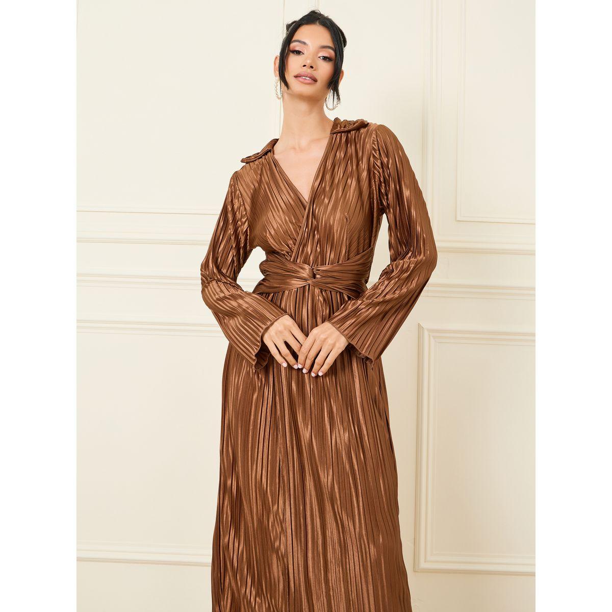 Styli Metallic Accordion Pleats Front Twist Detail Collared Sheath Midi Dress-women-clothing-dresses-image-2
