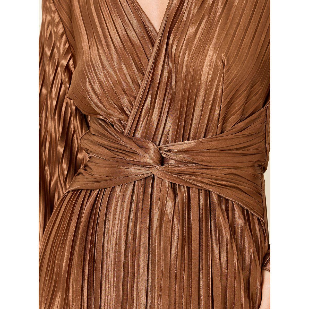 Styli Metallic Accordion Pleats Front Twist Detail Collared Sheath Midi Dress-women-clothing-dresses-image-3