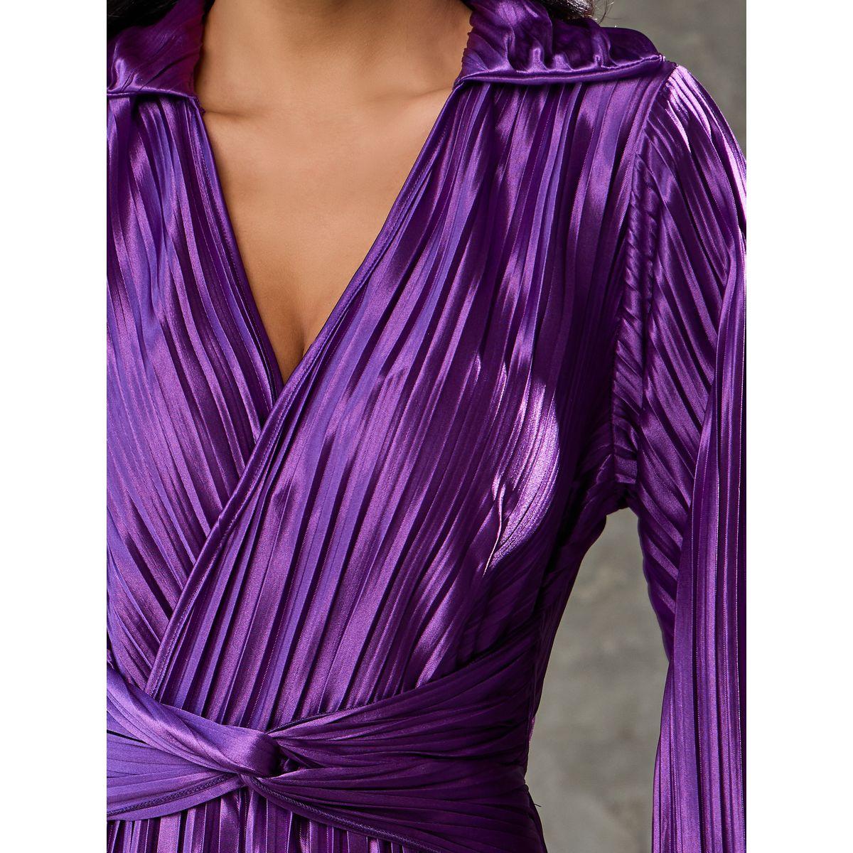 Styli Metallic Accordion Pleats Front Twist Detail Collared Sheath Midi Dress-women-clothing-dresses-image-3