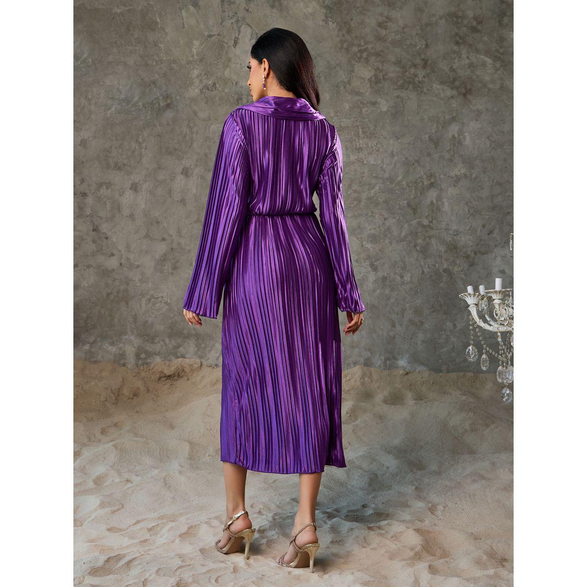 Styli Metallic Accordion Pleats Front Twist Detail Collared Sheath Midi Dress-women-clothing-dresses-image-4