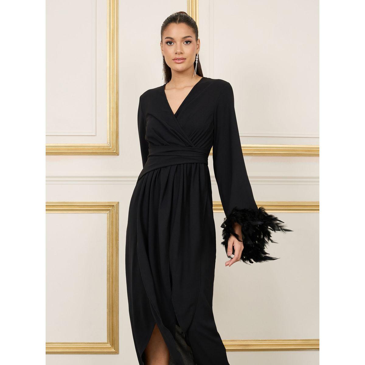Styli Faux Feather Trim Sleeves Wrap Style Midi Dress-women-clothing-dresses-image-2