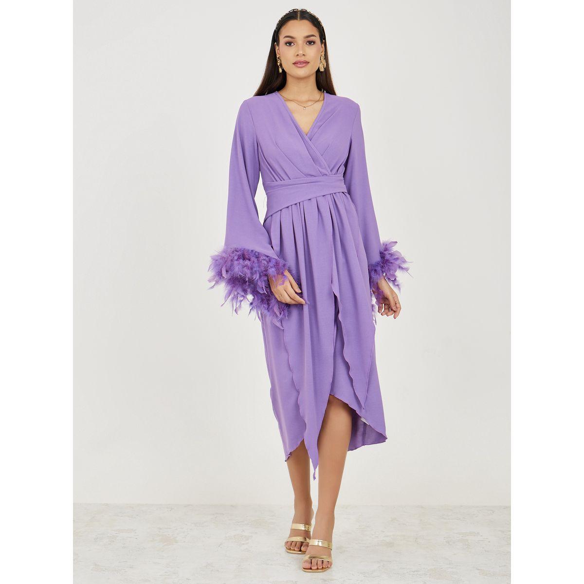 Styli Faux Feather Trim Sleeves Wrap Style Midi Dress-women-clothing-dresses-image-1
