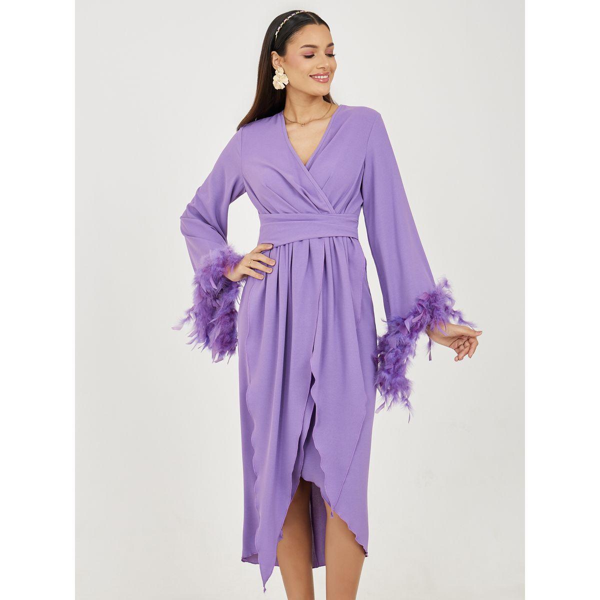 Styli Faux Feather Trim Sleeves Wrap Style Midi Dress-women-clothing-dresses-image-2