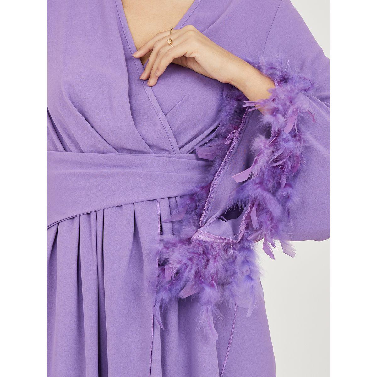 Styli Faux Feather Trim Sleeves Wrap Style Midi Dress-women-clothing-dresses-image-3