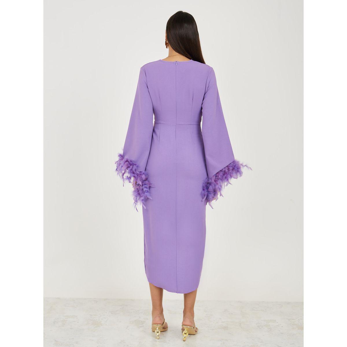 Styli Faux Feather Trim Sleeves Wrap Style Midi Dress-women-clothing-dresses-image-4