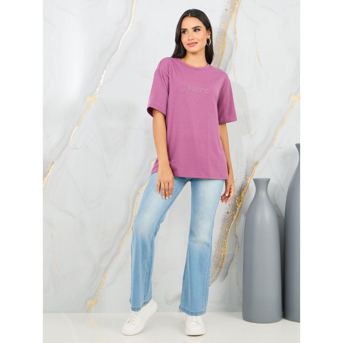 تيشيرت واسع بأكتاف منخفضة واكمام قصيرة-women-clothing-tshirts-image-2