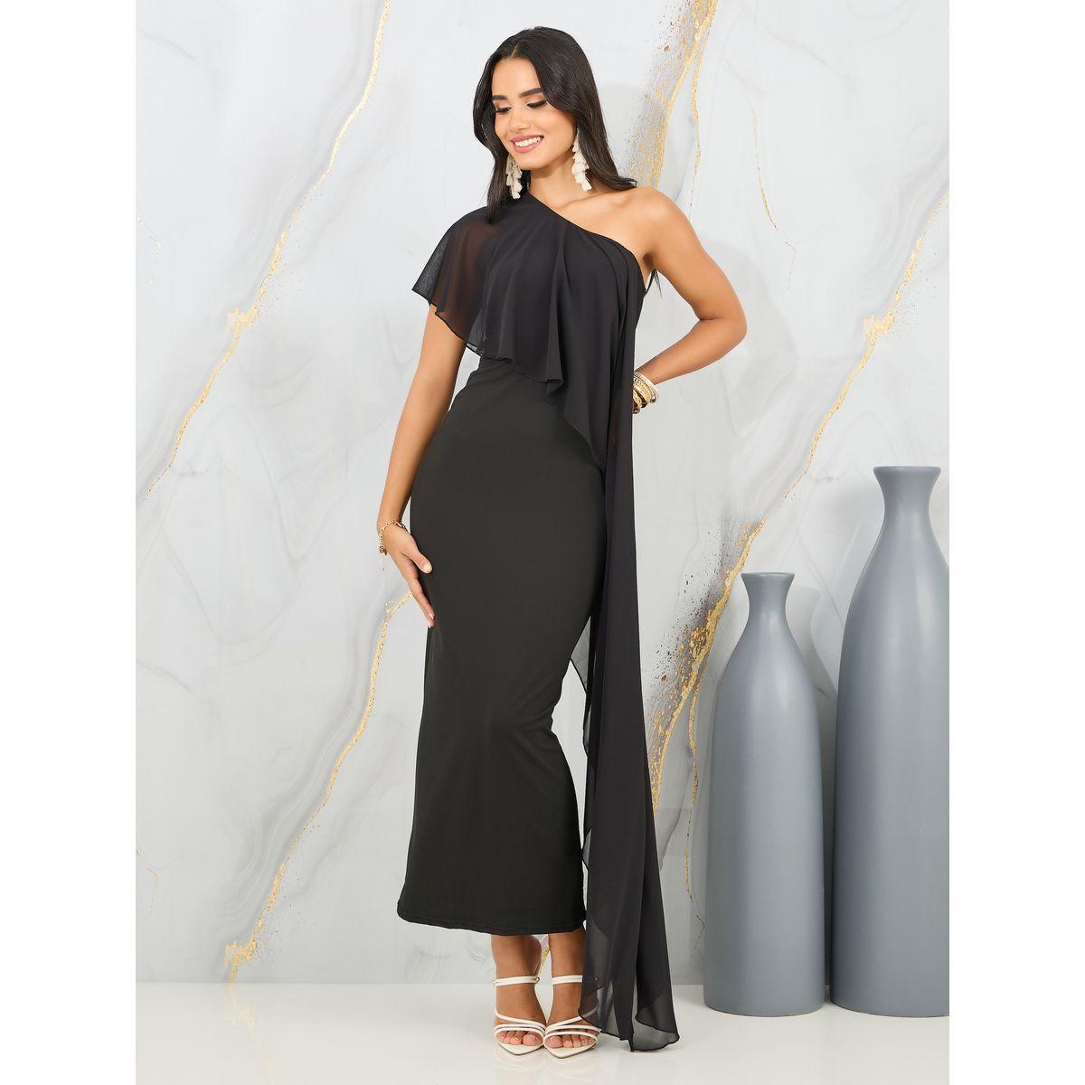 فستان ضيق طويل بكتف واحد وكشكش-women-clothing-dresses-image-1