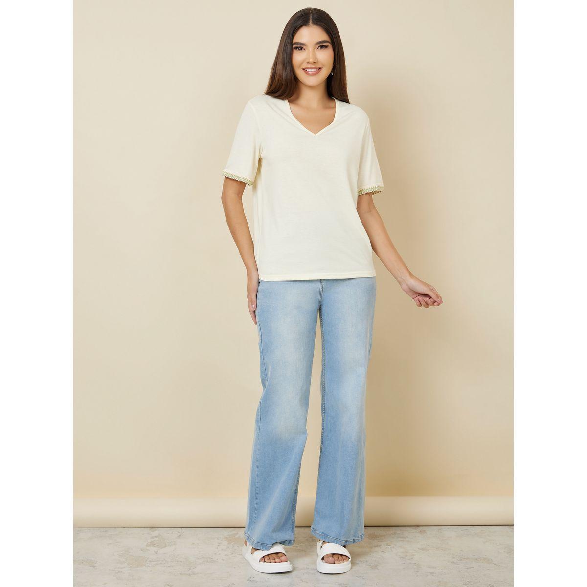 Styli Regular Fit V Neck T-Shirt with Embroidered Hem Sleeves-women-clothing-tshirts-image-2