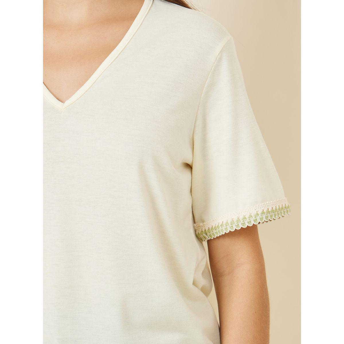 Styli Regular Fit V Neck T-Shirt with Embroidered Hem Sleeves-women-clothing-tshirts-image-3