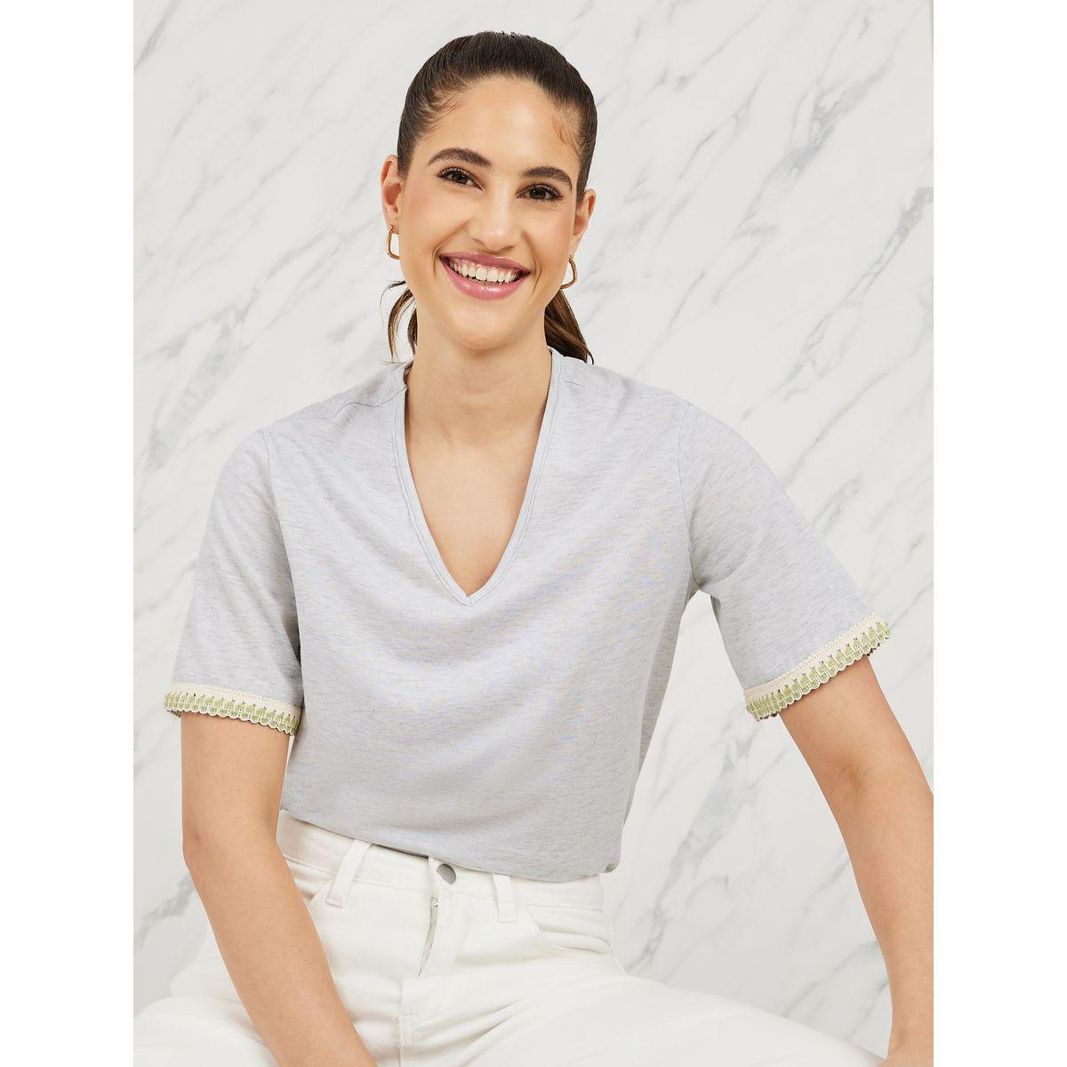 Styli Regular Fit V Neck T-Shirt with Embroidered Hem Sleeves-women-clothing-tshirts-image-1
