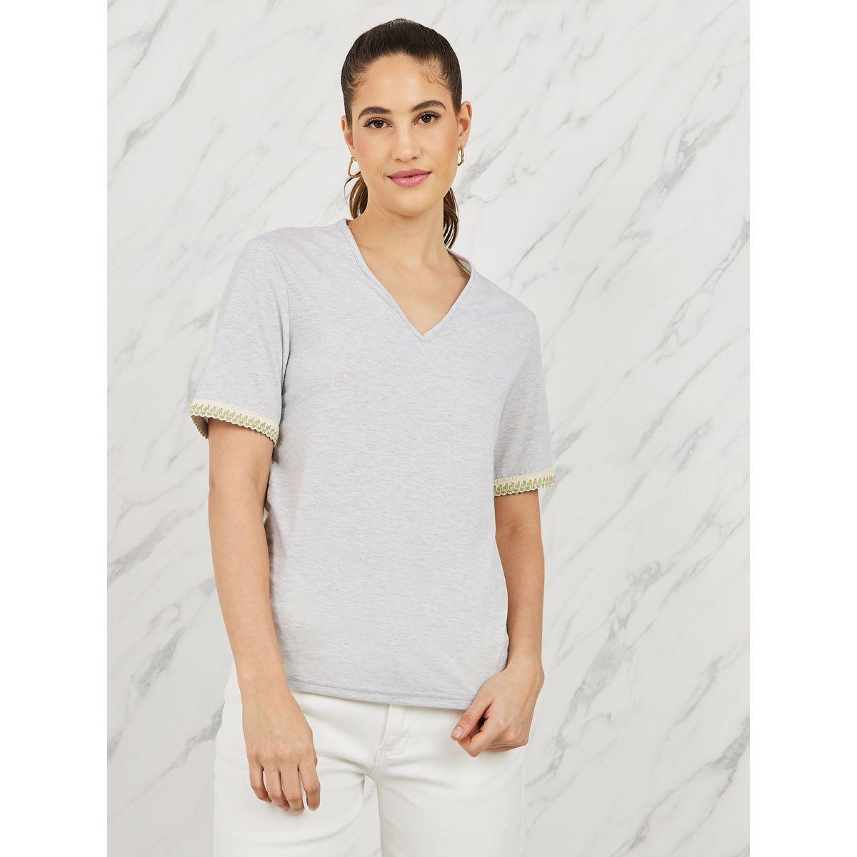 Styli Regular Fit V Neck T-Shirt with Embroidered Hem Sleeves-women-clothing-tshirts-image-3