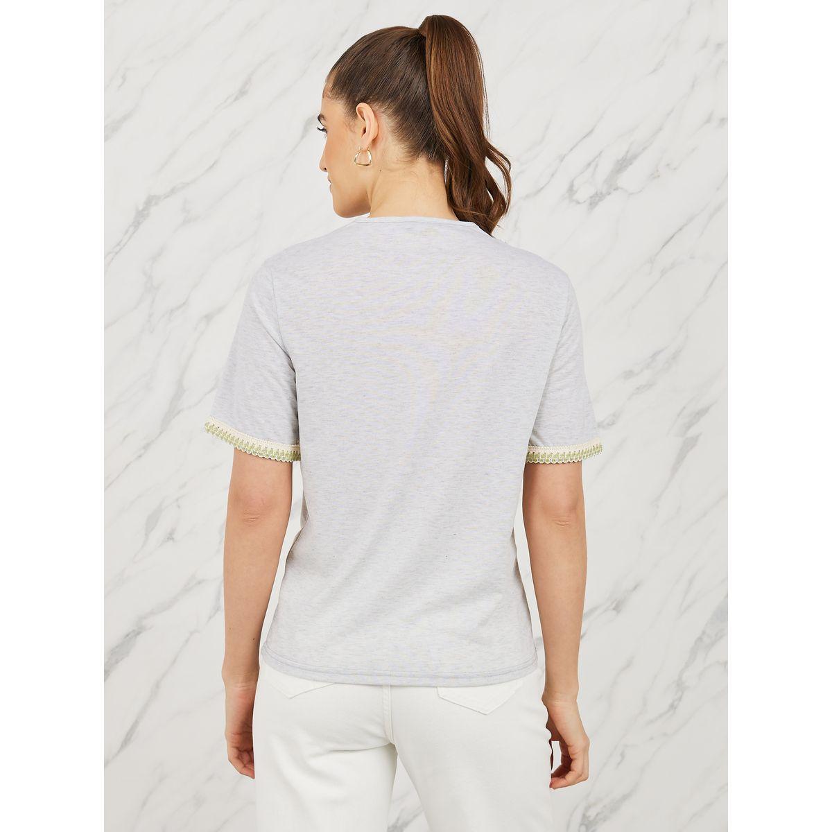 Styli Regular Fit V Neck T-Shirt with Embroidered Hem Sleeves-women-clothing-tshirts-image-6