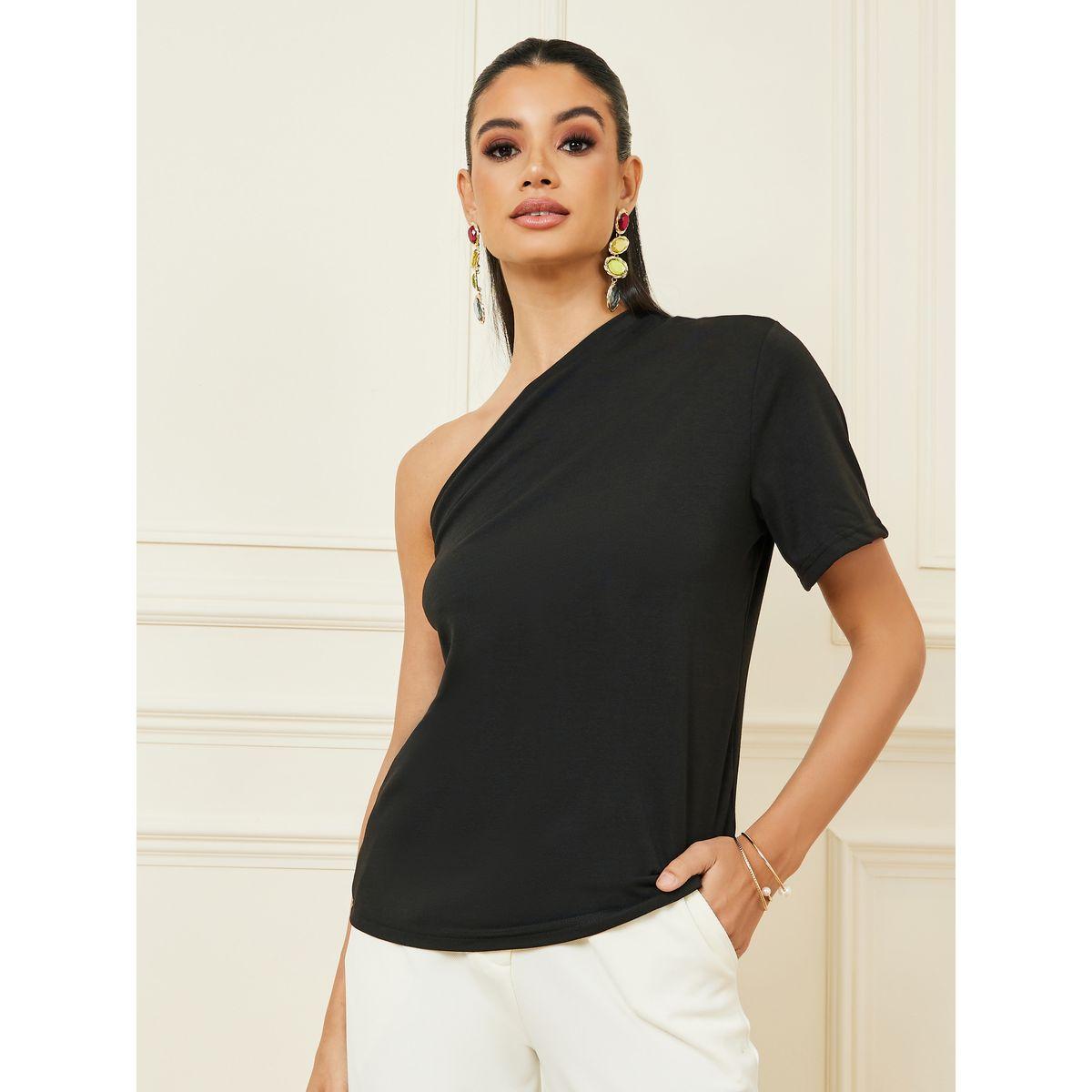 Styli Solid One Shoulder T-Shirt with Short Sleeves-women-clothing-tshirts-image-1