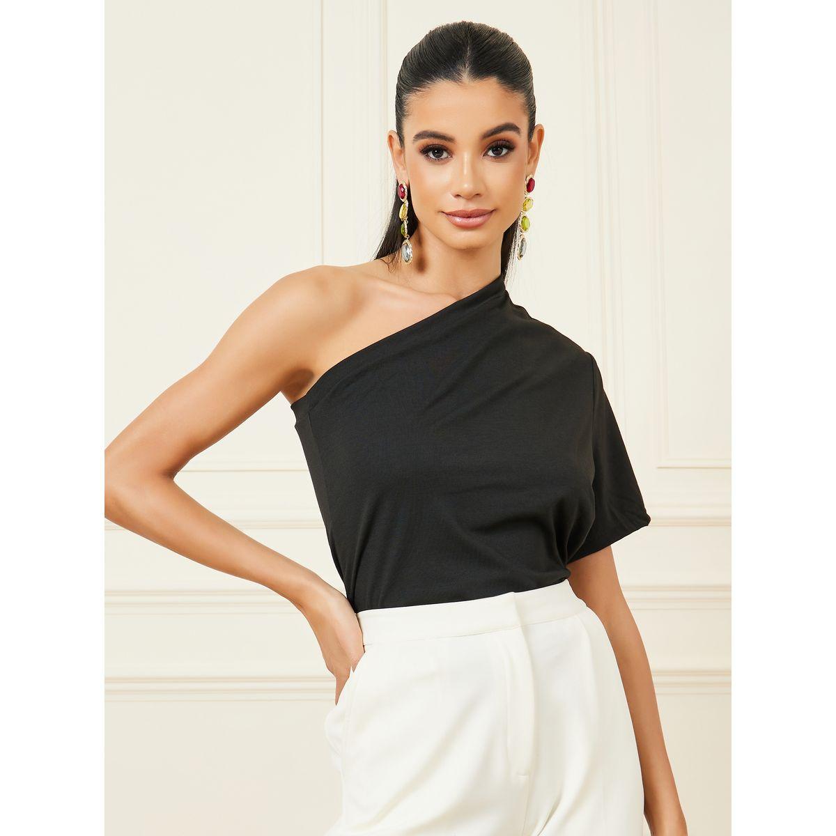 Styli Solid One Shoulder T-Shirt with Short Sleeves-women-clothing-tshirts-image-2