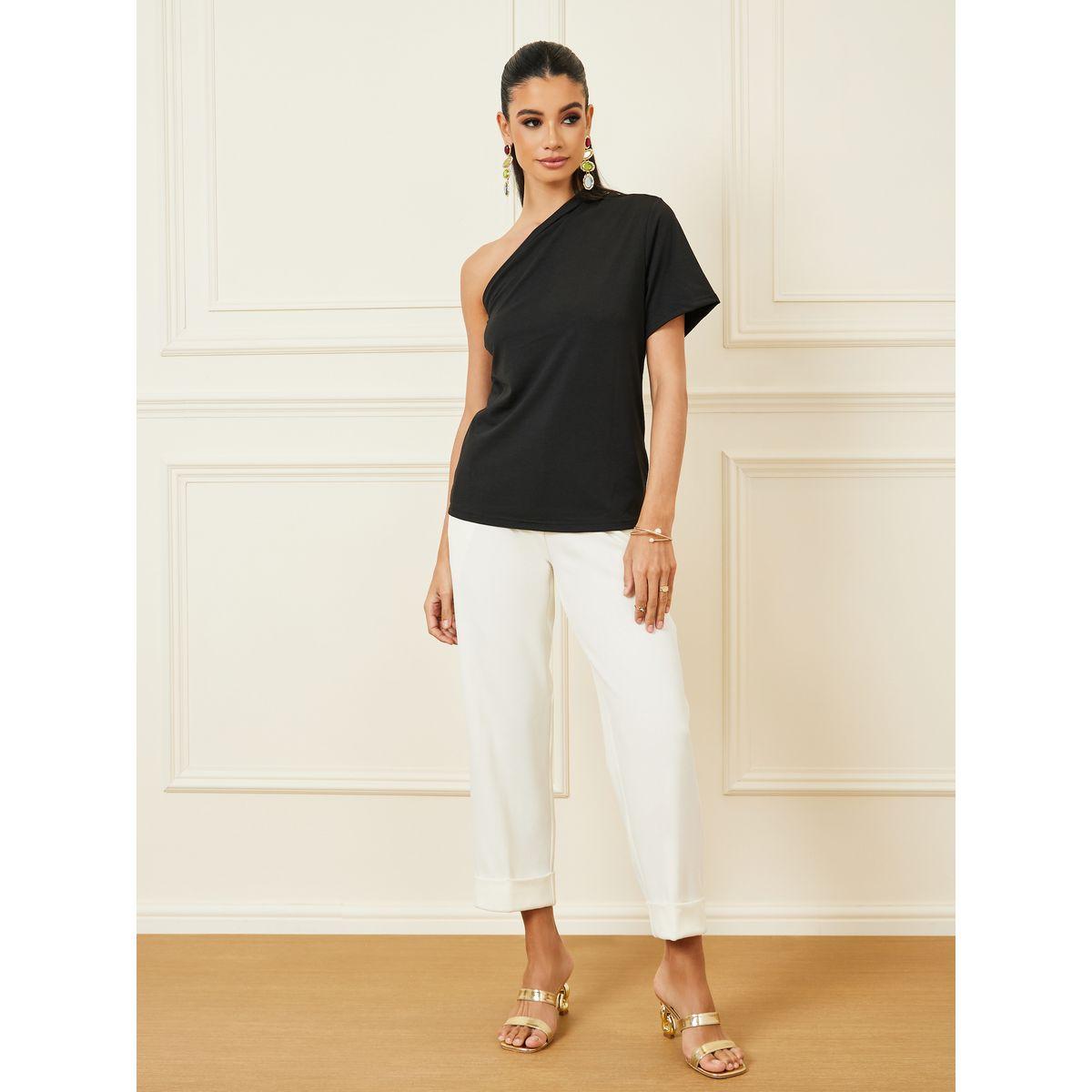 Styli Solid One Shoulder T-Shirt with Short Sleeves-women-clothing-tshirts-image-4