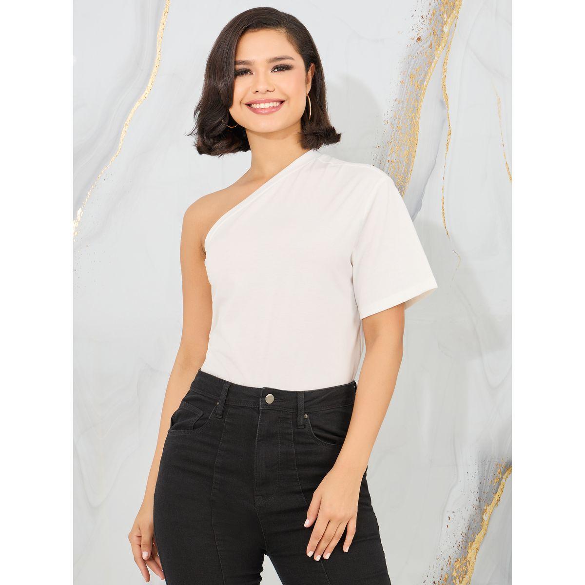 Styli Regular Fit One Shoulder T-Shirt with Short Sleeves-women-clothing-tshirts-image-1