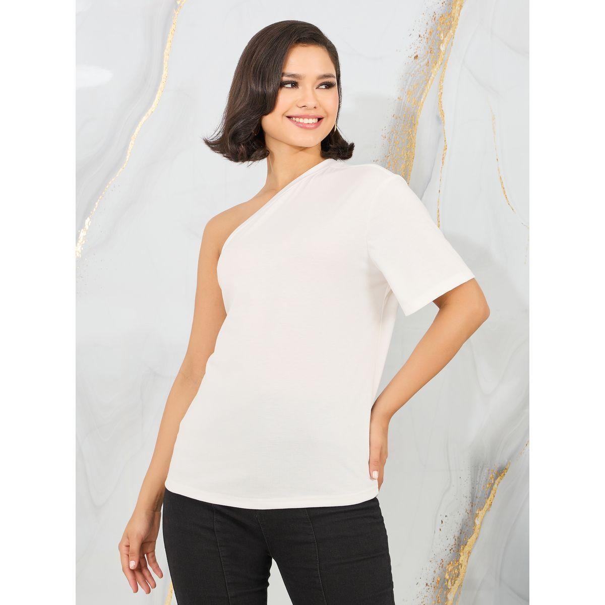 Styli Regular Fit One Shoulder T-Shirt with Short Sleeves-women-clothing-tshirts-image-2