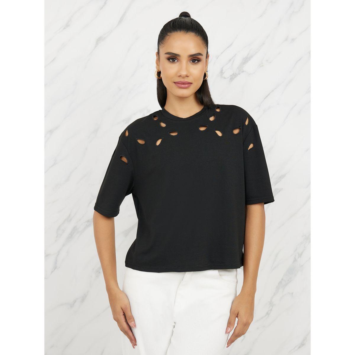 Styli Cut Out Detail High Neck Boxy T-shirt-women-clothing-tshirts-image-1
