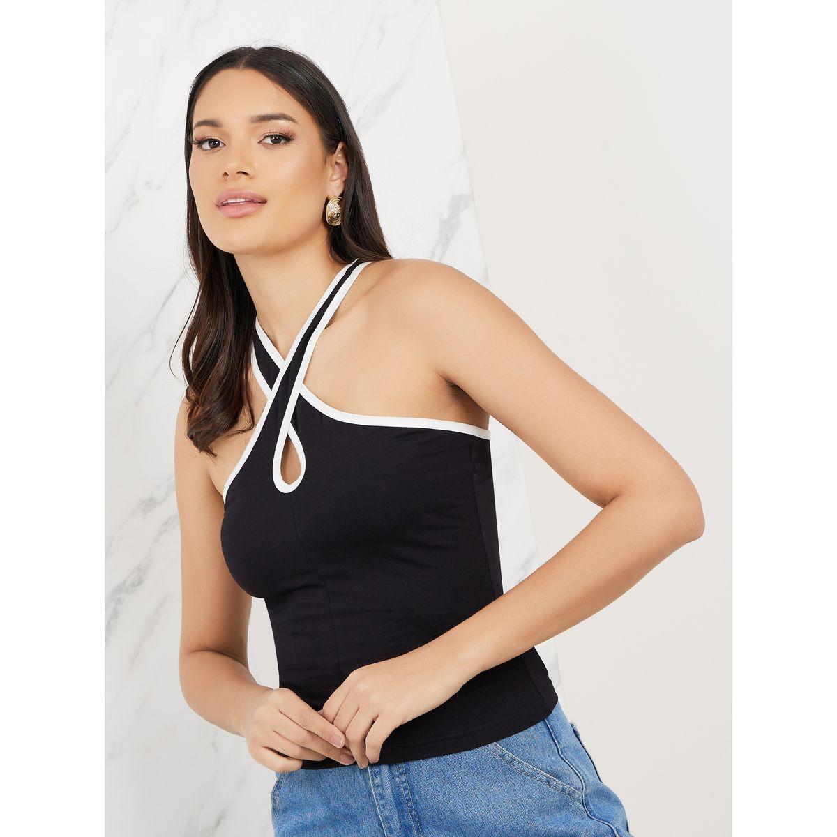 Styli Contrast Binding Halter Neck Fitted Tank-women-clothing-tshirts-image-3