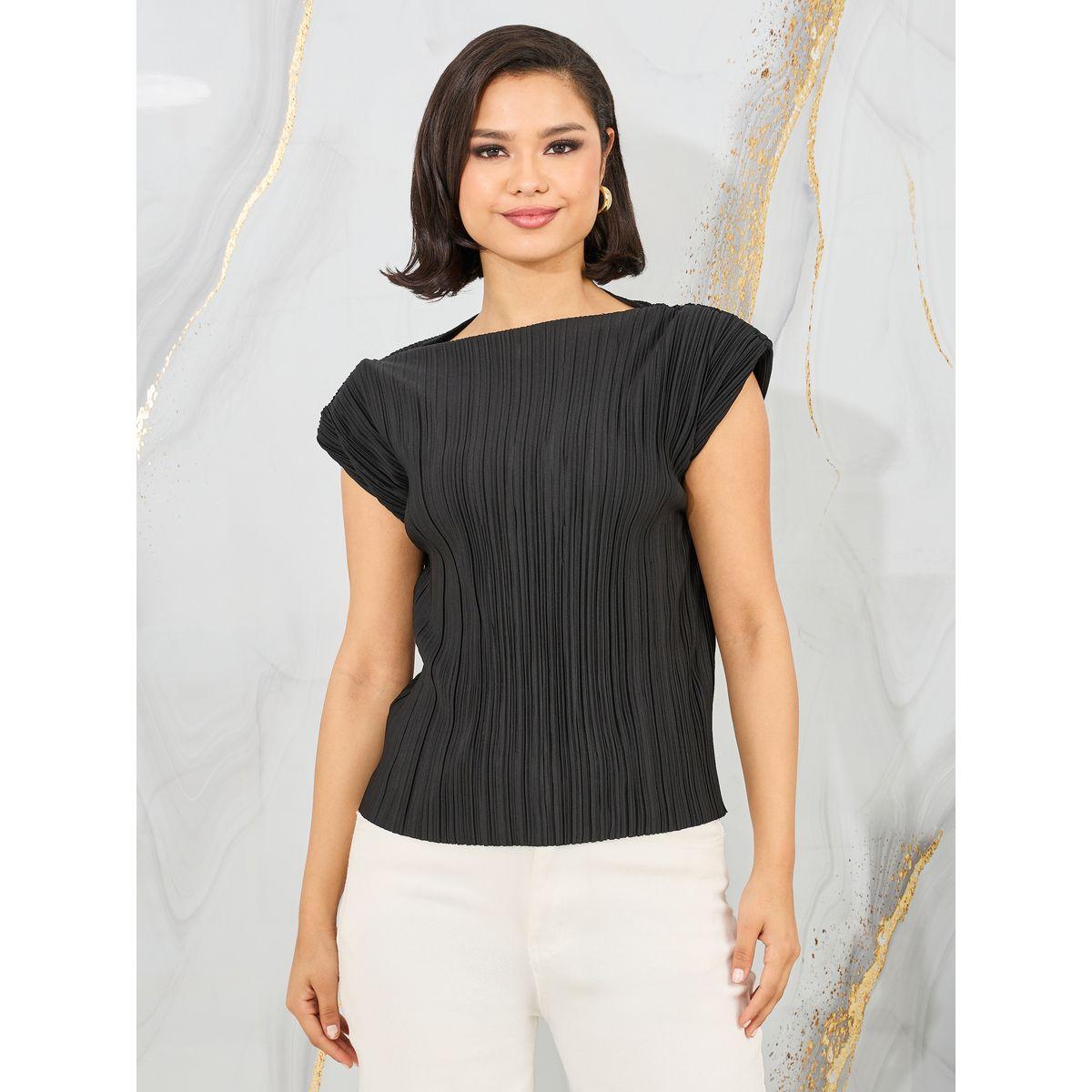 تيشيرت مزين بكسرات وياقة دائرية-women-clothing-tshirts-image-2