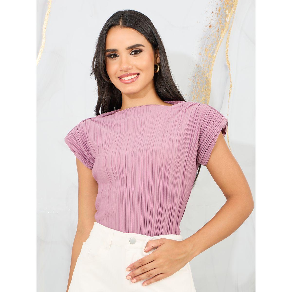 تيشيرت بكسرات وياقة دائرية-women-clothing-tshirts-image-1