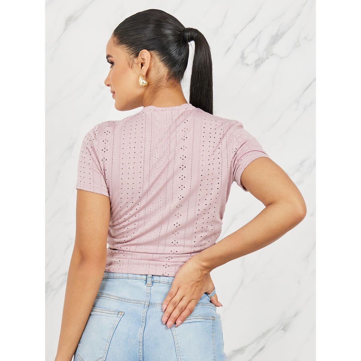 Styli Schiffli High Neck Textured Fitted T-Shirt-women-clothing-tshirts-image-4