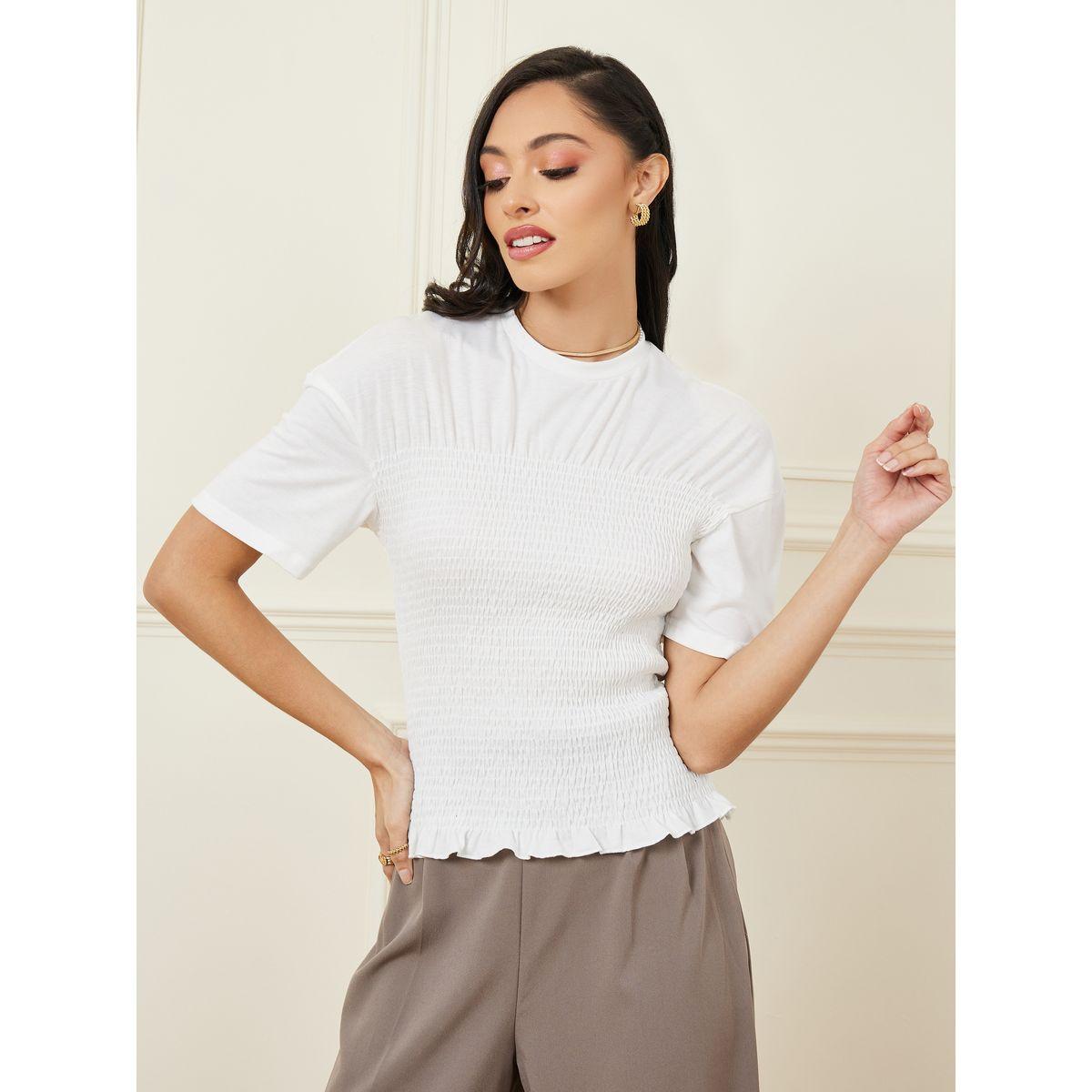 Styli Smocked Bodice Fitted Short Sleeve T-Shirt-women-clothing-tshirts-image-1