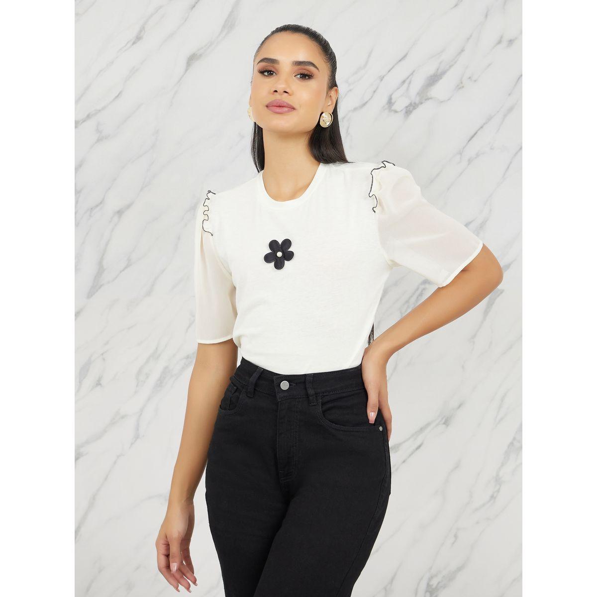 Styli Floral Applique Lettuce Edge Round Neck T-shirt-women-clothing-tshirts-image-1
