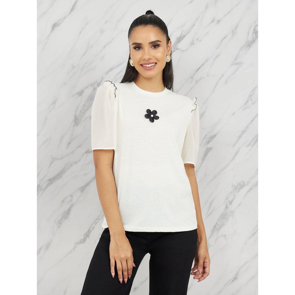 Styli Floral Applique Lettuce Edge Round Neck T-shirt-women-clothing-tshirts-image-2