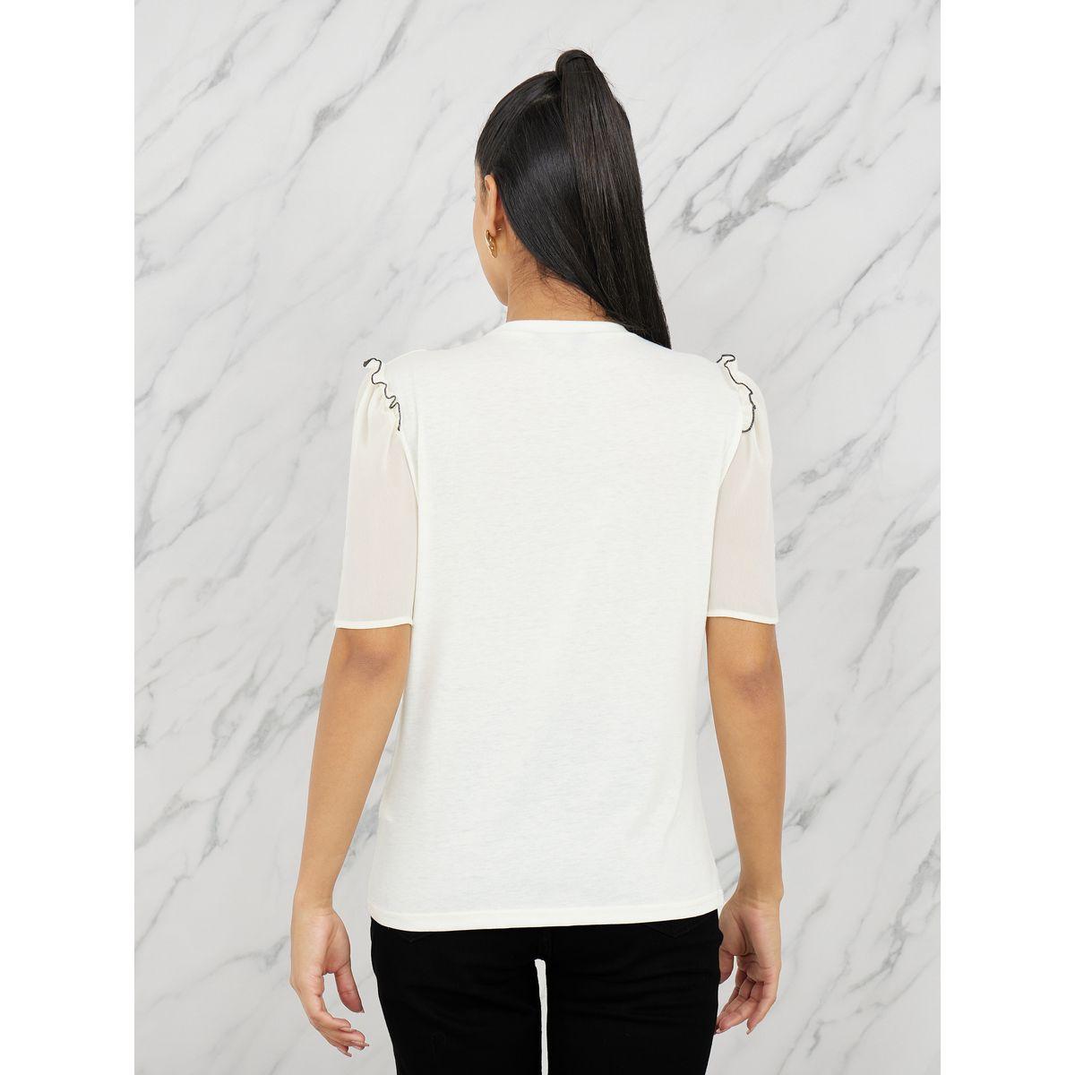 تيشيرت مزين بزهرة مع ياقة دائرية-women-clothing-tshirts-image-5
