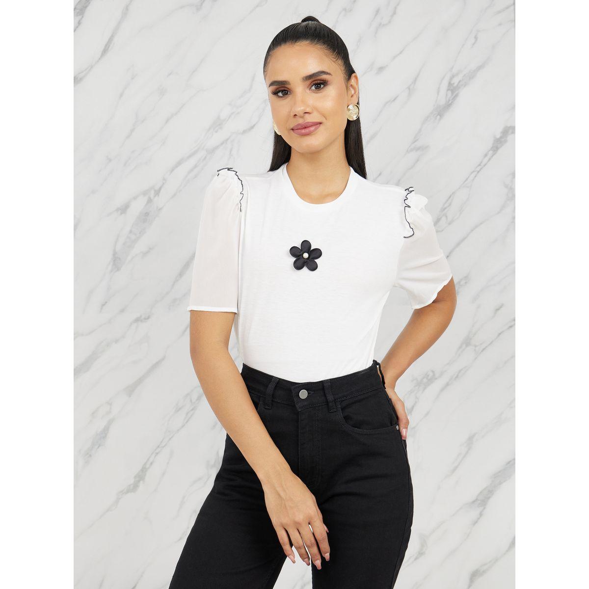 Styli Floral Applique Lettuce Edge Round Neck T-shirt-women-clothing-tshirts-image-1