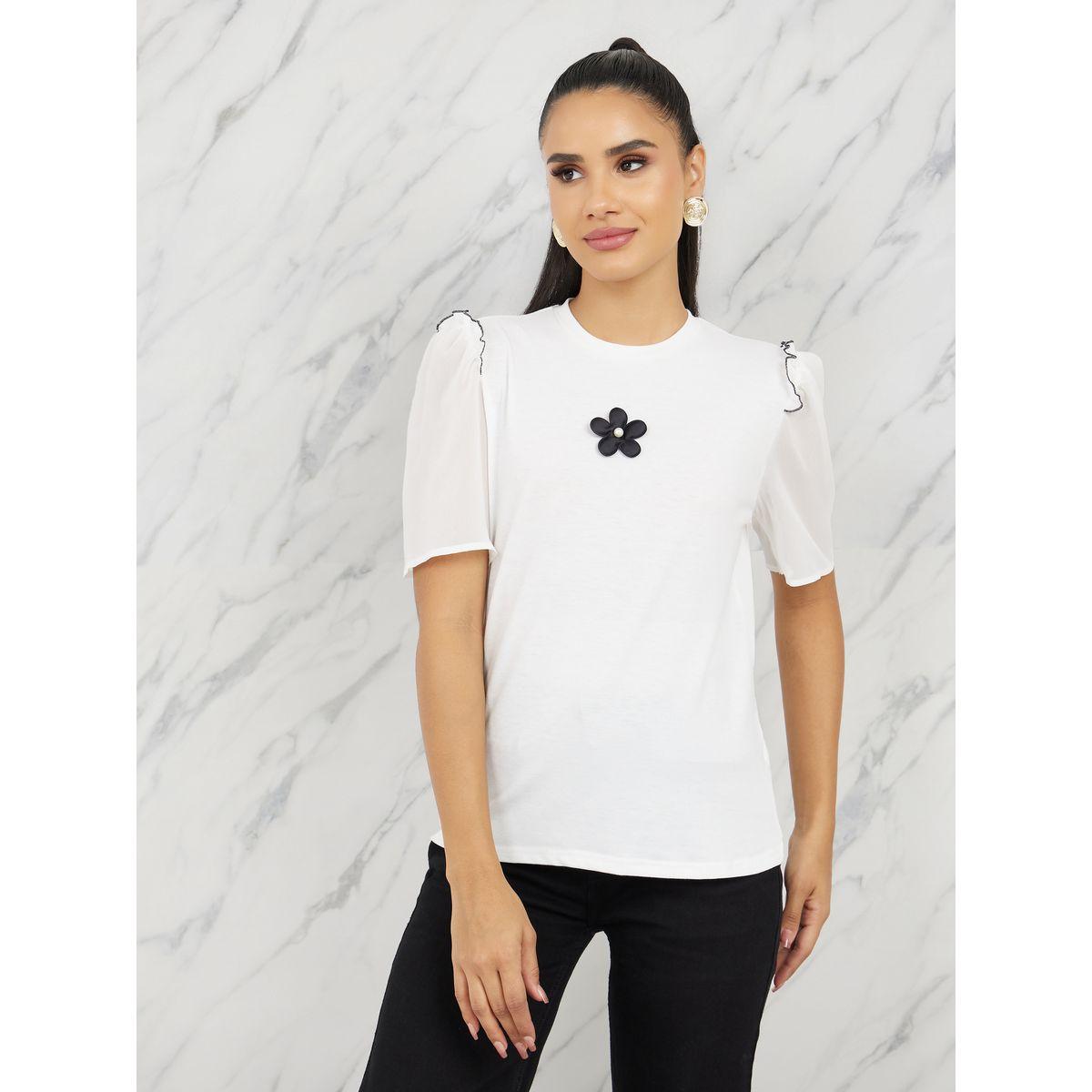Styli Floral Applique Lettuce Edge Round Neck T-shirt-women-clothing-tshirts-image-2