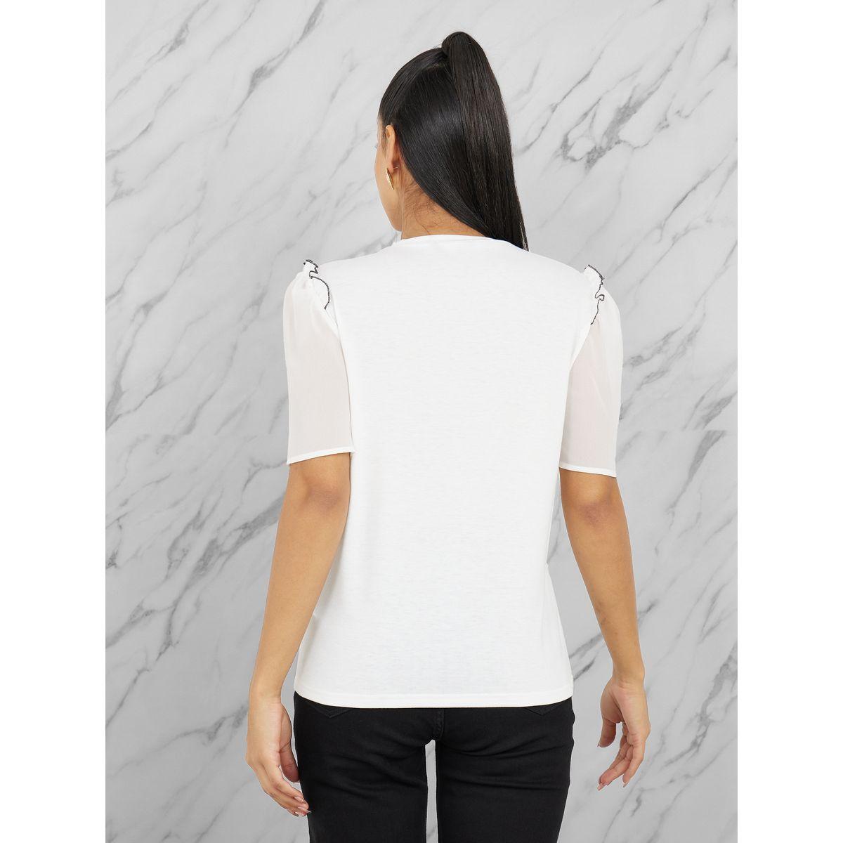 تيشيرت مزين بزهرة مع ياقة دائرية-women-clothing-tshirts-image-5
