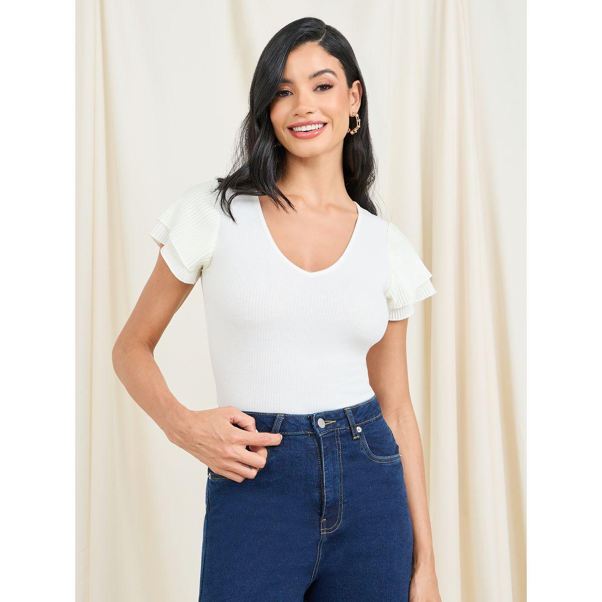Styli Ribbed Ruffle Sleeve Fitted T-Shirt-women-clothing-tshirts-image-1