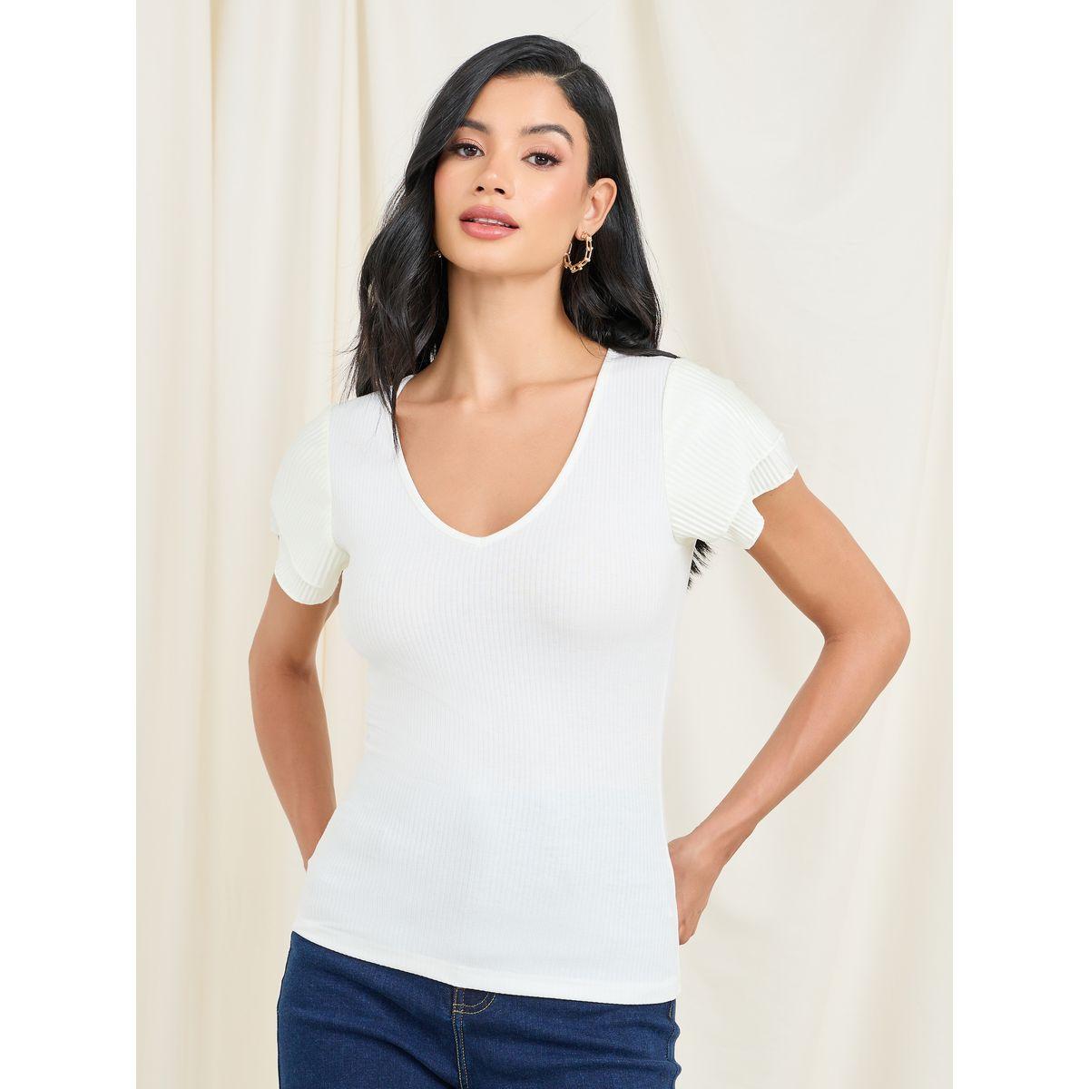 Styli Ribbed Ruffle Sleeve Fitted T-Shirt-women-clothing-tshirts-image-3