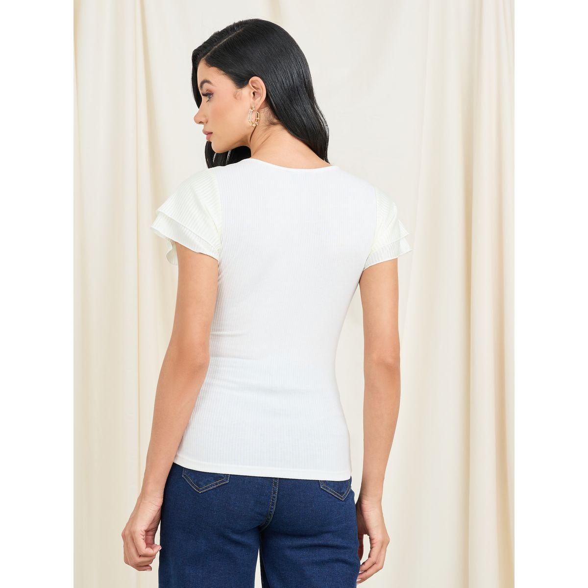 Styli Ribbed Ruffle Sleeve Fitted T-Shirt-women-clothing-tshirts-image-5