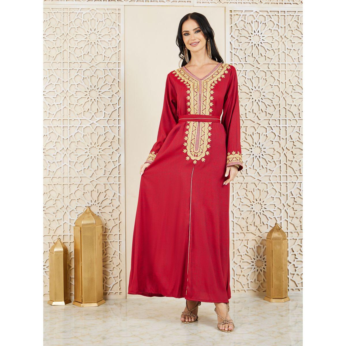 Styli Embroidered Neck Kaftan with Self Tie Belt-women-arabicclothing-kaftan-image-1