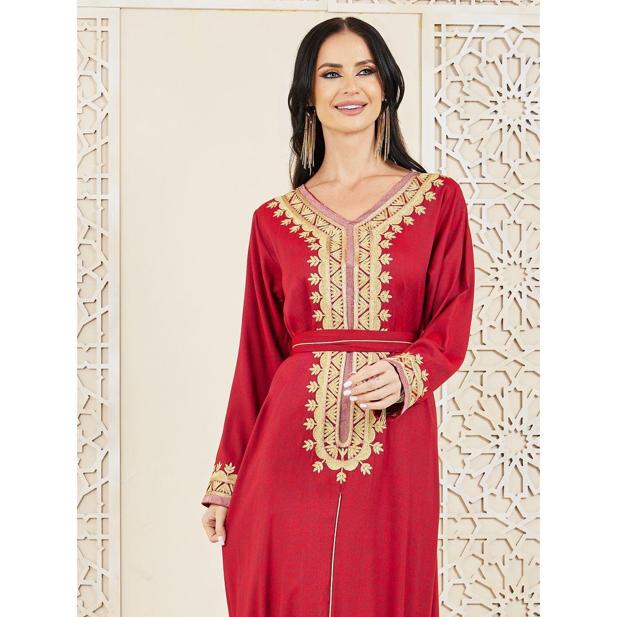 Styli Embroidered Neck Kaftan with Self Tie Belt-women-arabicclothing-kaftan-image-4