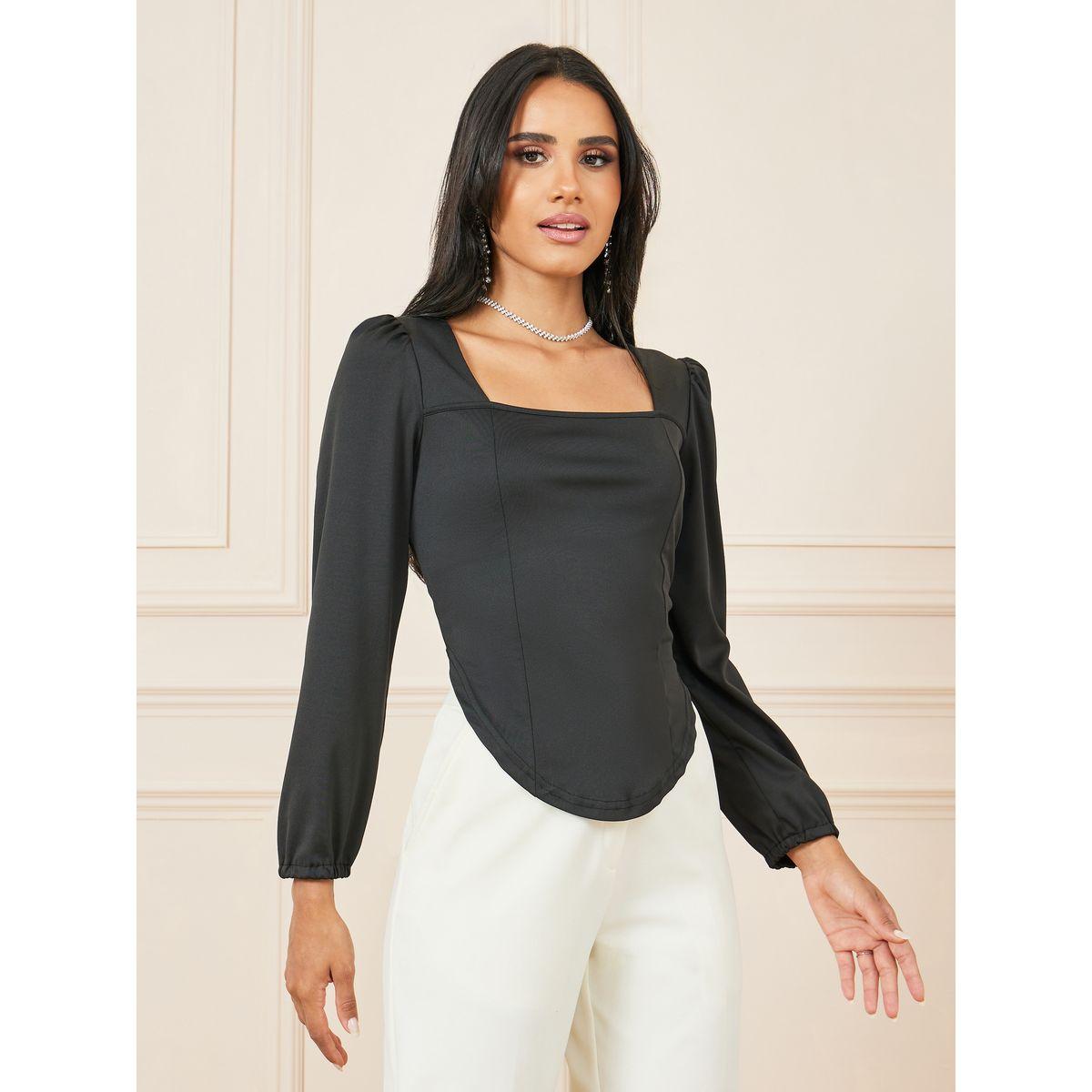 Styli High Low Curved Hem Long Sleeve Fitted Knit Top-women-clothing-shirtsandblouses-blouses-image-1