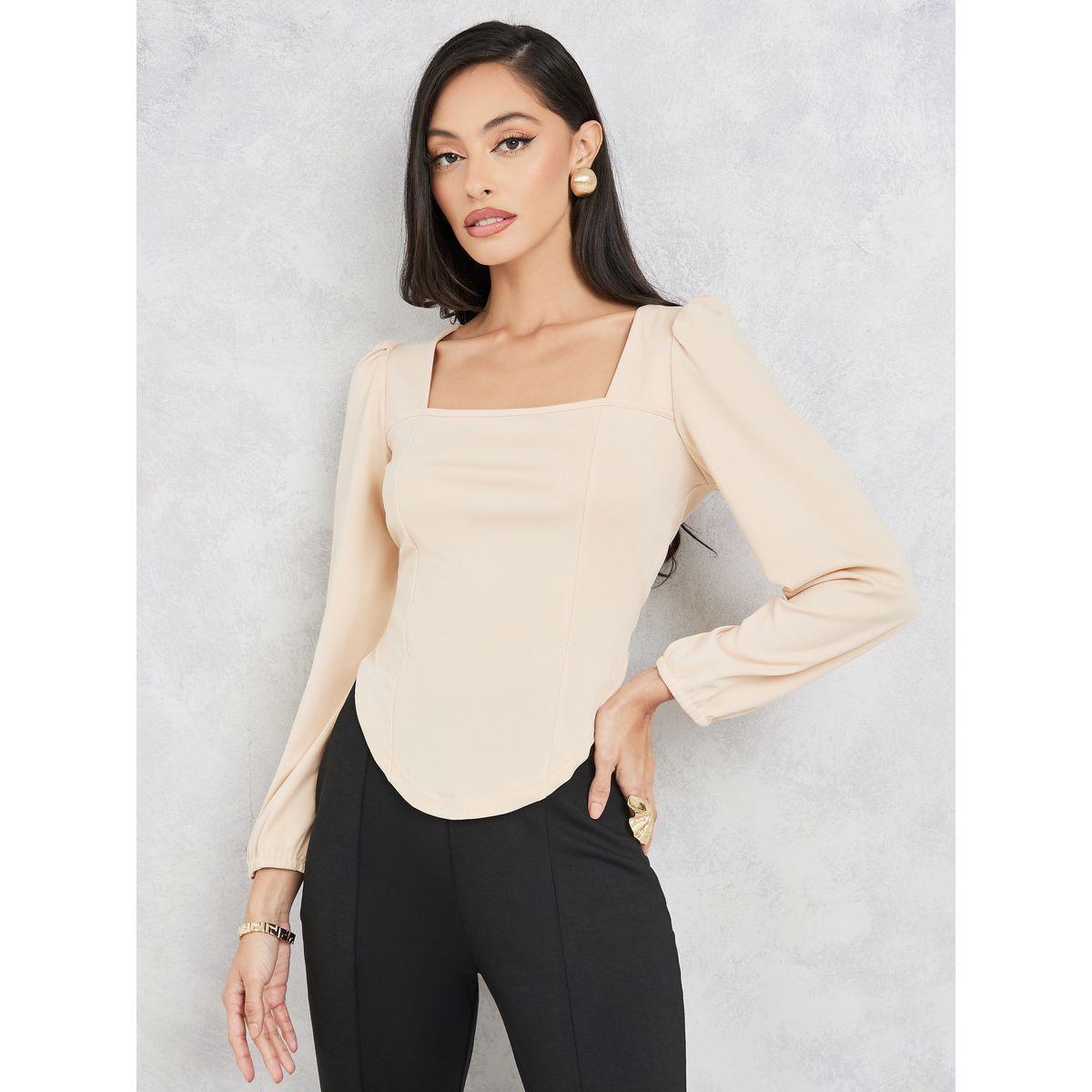 Styli Solid Long Sleeve Fitted Knit Top-women-clothing-shirtsandblouses-blouses-image-1