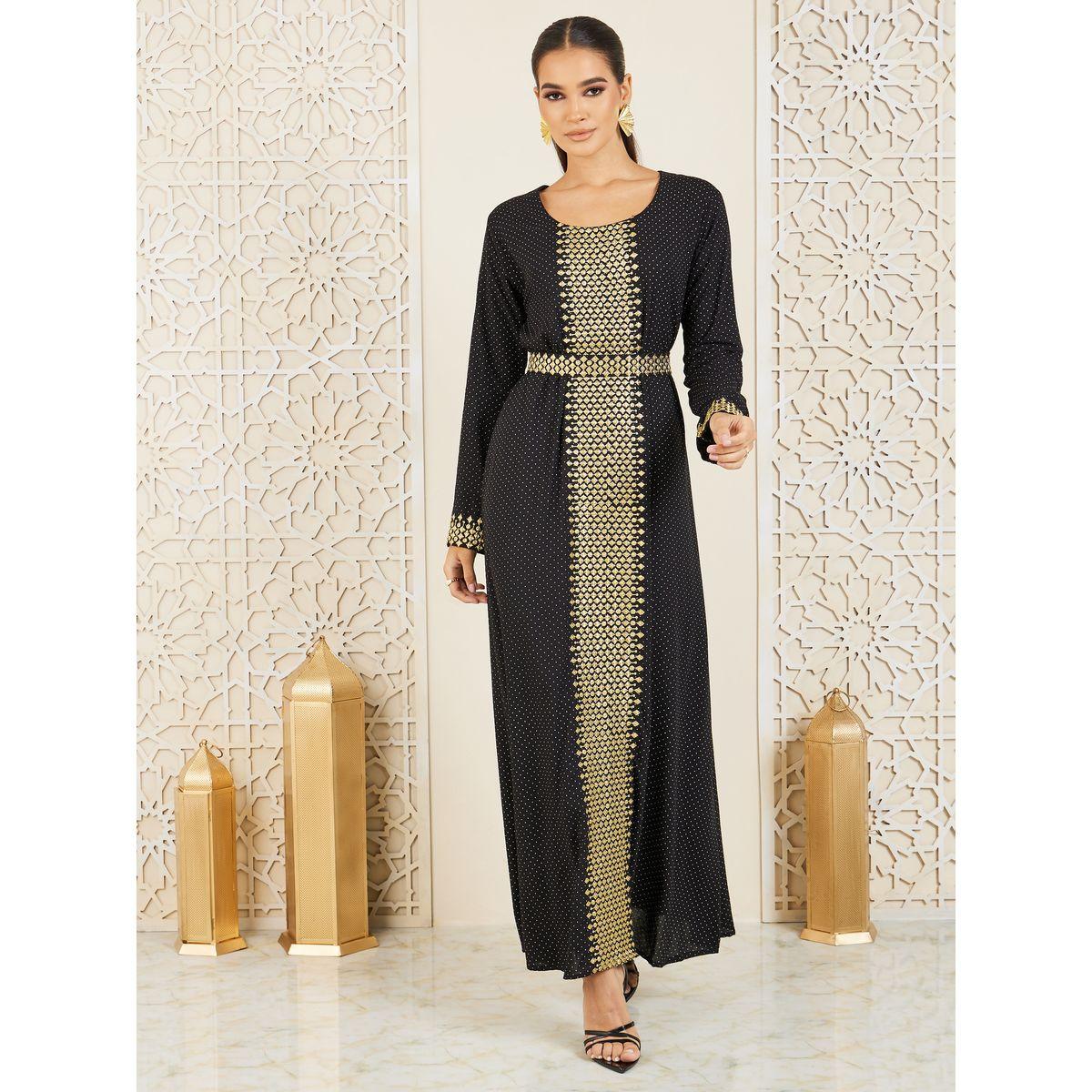 Styli Embroidered Spot Print Belted Jalabiya-women-arabicclothing-jalabiyas-image-1