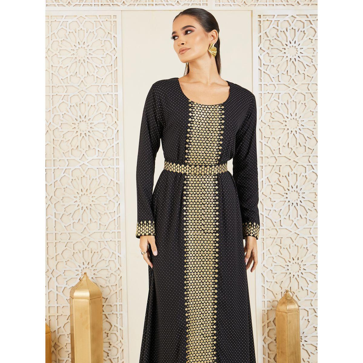 Styli Embroidered Spot Print Belted Jalabiya-women-arabicclothing-jalabiyas-image-2