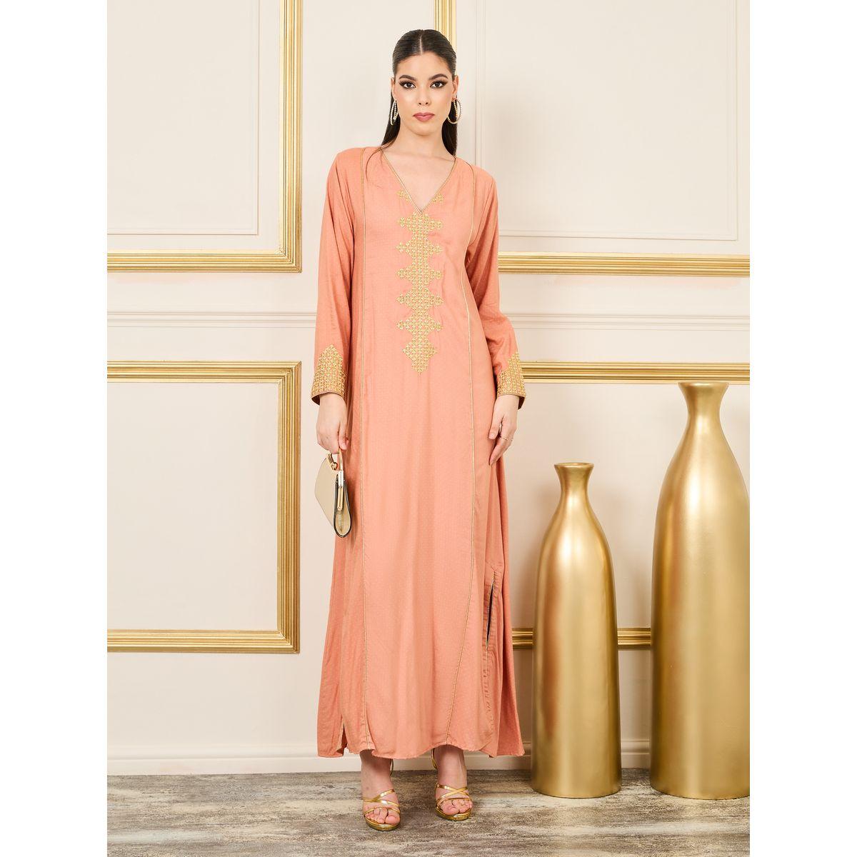 Styli Embroidered Neckline Piped Trim Detail Jalabiya-women-arabicclothing-jalabiyas-image-1