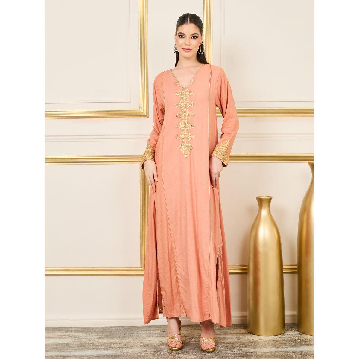 Styli Embroidered Neckline Piped Trim Detail Jalabiya-women-arabicclothing-jalabiyas-image-2