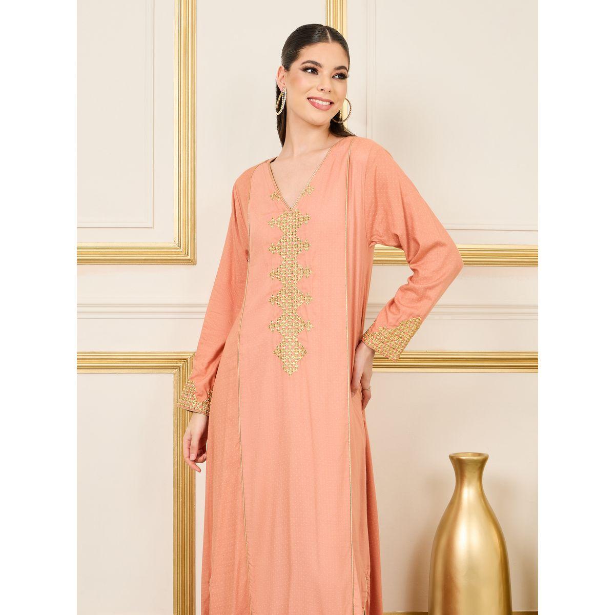 Styli Embroidered Neckline Piped Trim Detail Jalabiya-women-arabicclothing-jalabiyas-image-3