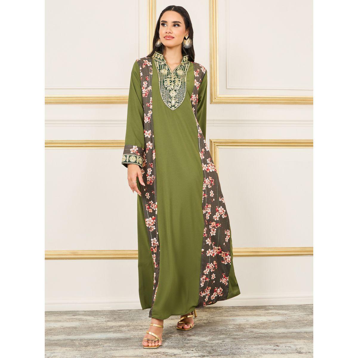 Styli Embroidered Collared Neck Side Printed Jalabiya-women-arabicclothing-jalabiyas-image-1