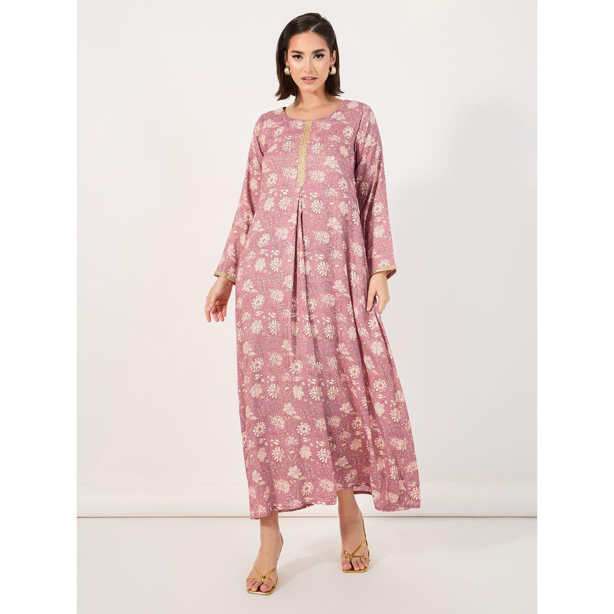 جلابية مطبعة بالكامل مع تداخلات دانتيل-women-arabicclothing-jalabiyas-image-1