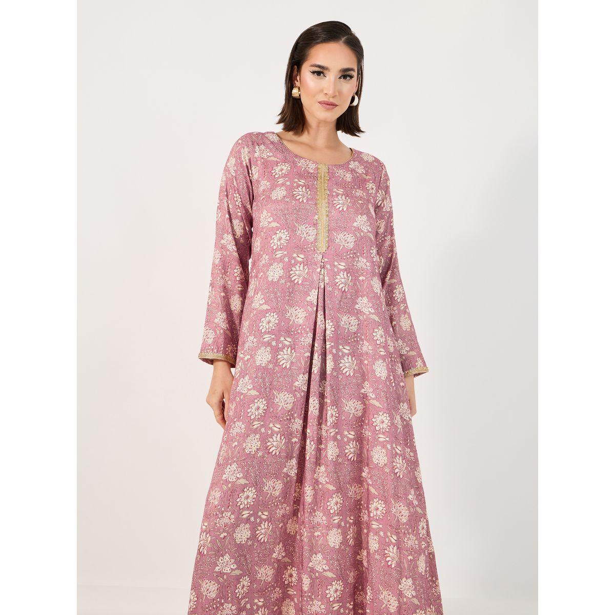جلابية مطبعة بالكامل مع تداخلات دانتيل-women-arabicclothing-jalabiyas-image-2